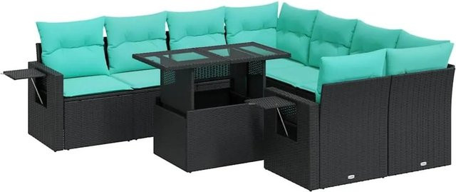 vidaXL 9-teilige Garten-Sofagarnitur in L-Form aus schwarzem Poly-Rattan und Akazie mit UV-beständigen Kissen - Bild 1