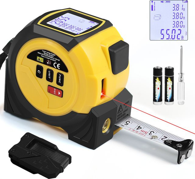 Metro Laser Lasermessgerät mit 40 m Reichweite und 5 m Maßband, Grau-Gelb, Genauigkeit ±2 mm, mit Speicher für 20 Messungen und wiederaufladbarem Akku - Bild 1