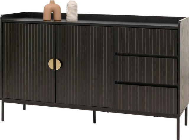 MCW Sideboard O39 in Schwarz mit Lamellen-Design, 3 Schubladen und 2 Türen, B/T/H: 130 x 80 x 42 cm - Bild 1