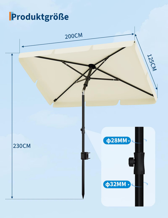 HiMISS Sonnenschirm mit UPF 50+ Sonnenschutz, höhenverstellbar von 145 cm bis 225 cm, faltbar, B/T: 200 x 125 cm - Bild 2