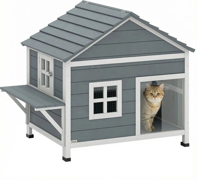 PawHut Katzenhaus aus Tannenholz in Grau mit wetterfestem Dach und erhöhtem Boden, B/T/H: 101 x 72,5 x 81 cm - Bild 1