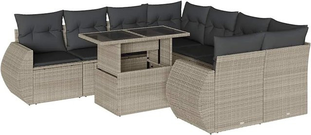 vidaXL 9-tlg. Garten-Sofagarnitur aus Poly-Rattan mit Kissen in Hellgrau und Anthrazit - Bild 1