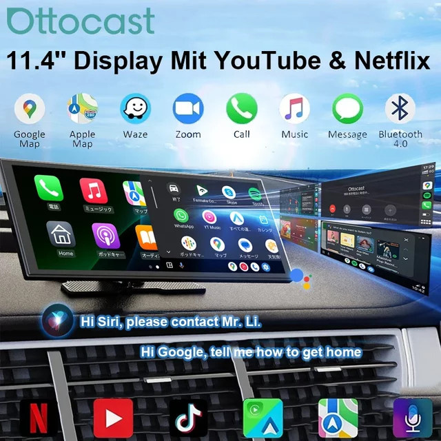 Ottocast Ottoscreen AI Carplay Bildschirm mit 11,4 Zoll Display, kabelloses CarPlay und Android Auto, 8-Core Split-Screen für Netflix, YouTube und Google Store, Schwarz - Bild 1