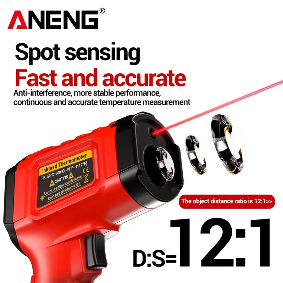 ANENG Infrarot-Thermometer TH202 Digitales Laser-Temperaturmessgerät mit LCD-Display in Schwarz-Rot für Messbereiche von -50 bis 600 ℃ - Bild 3