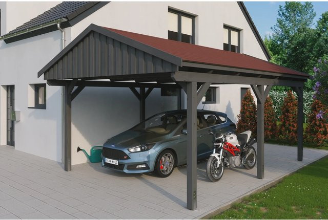 Skan Holz Carport Fichtelberg aus Fichte Leimholz in Grau mit spitzer Dachform und Dachschindeln, B/T: 423 x 566 cm, Höhe: 326 cm - Bild 1