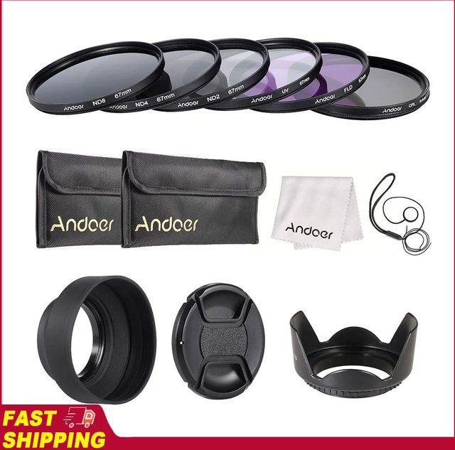 Andoer Objektivfilter-Set 67mm in Schwarz mit UV, CPL, FLD, ND2, ND4, ND8, Tragetasche, Objektivdeckel, Objektivdeckelhalter, Tulpenfilter und Gummi-Objektivfilter - Bild 1
