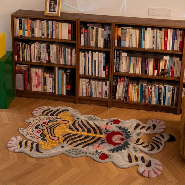 VIKAMA Faux-Tiger-Bereichsteppich in Multicolour, unregelmäßige Form, flauschiger Kunstfell-Teppich, rutschfest und waschbar - Bild 1
