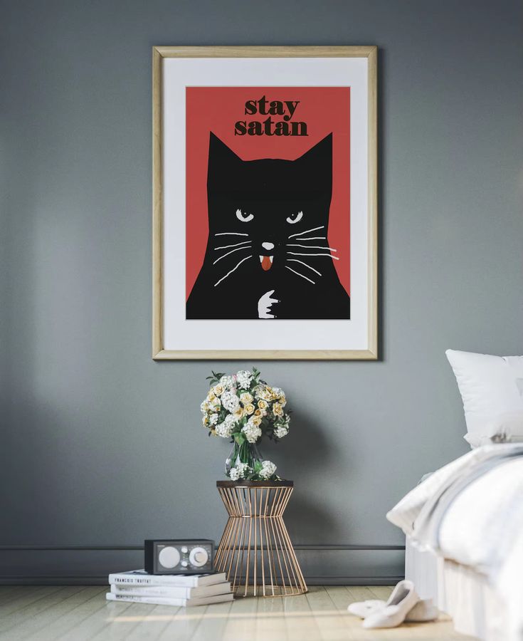Originales Vintage Poster Bleiben Sie Satan mit schwarzer Katze von SHENCHEN als Wandkunst Illustration - Bild 2