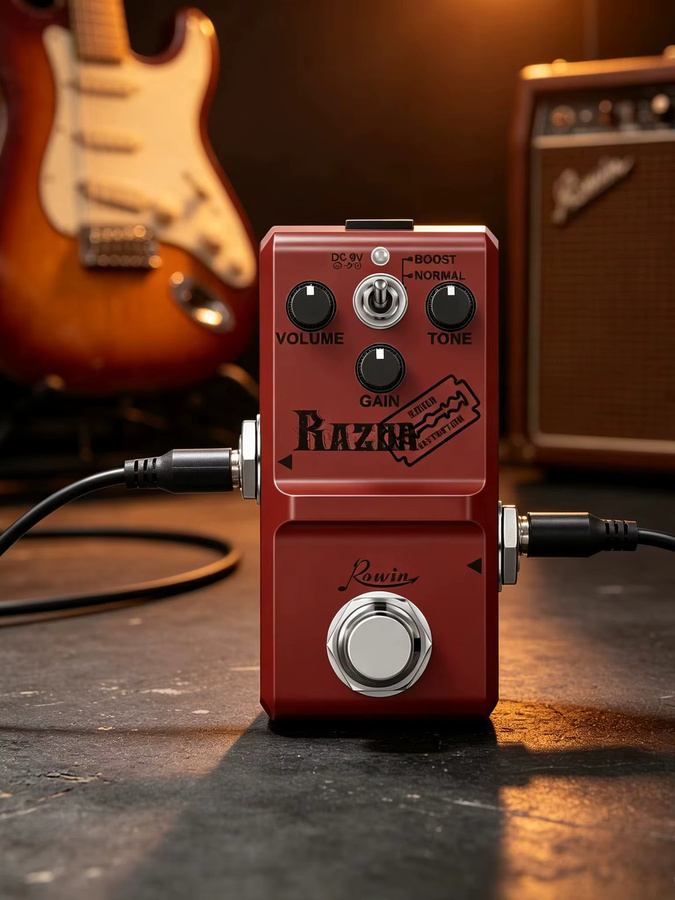 Rowin Tiny Razor High-Gain Distortion Gitarreneffektpedal mit Boost und 2-Modus Analog-Distortion Stompbox für E-Gitarre in Rot - Bild 1