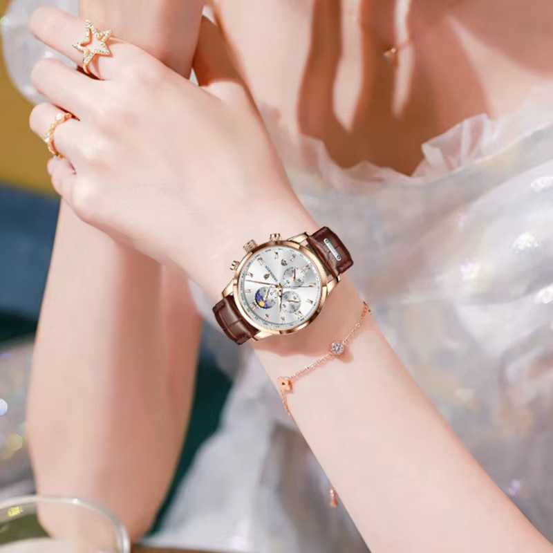 LIGE Armbanduhr Damen, Quarz, Leder, Roségold, Mondphase - Bild 4