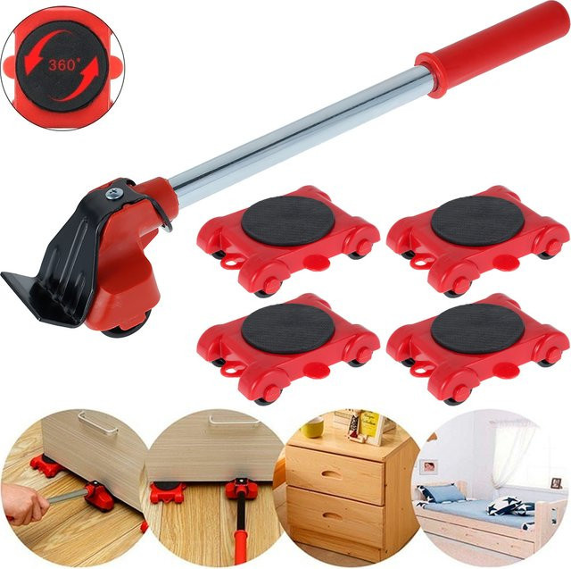 5-teiliges Möbelheber-Mover-Roller Set mit Radstange in Rot zum Bewegen von Geräten und Möbeln - Bild 1