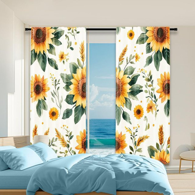 Set aus 2 transparenten Polyestervorhängen mit Sonnenblumen-Design für Wohnzimmer und Schlafzimmer, Farbe: transparent, B: 100 cm, H: 70 cm - Bild 1