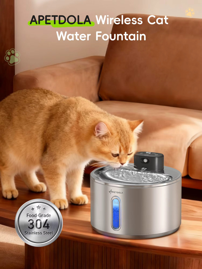 APETDOLA Kabelloser Katzen-Wasserbrunnen aus Edelstahl in Schwarz oder Silber, 4 l, batteriebetrieben mit 5000 mAh für Katzen und Hunde im Innenbereich - Bild 7