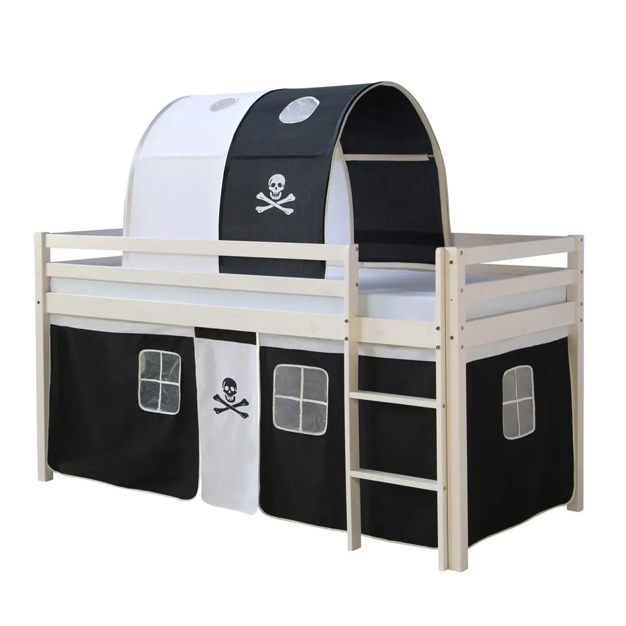 Homestyle4u Hochbett für Kinder aus Kiefernholz mit Piraten Design und Vorhang in Weiß - Bild 2