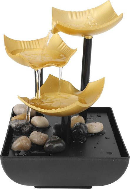 mfySpace Tischbrunnen Dekoration mit LED-Licht, 3-stufiger Wasserlaufbrunnen USB-betrieben, Beige/Gold - Bild 1