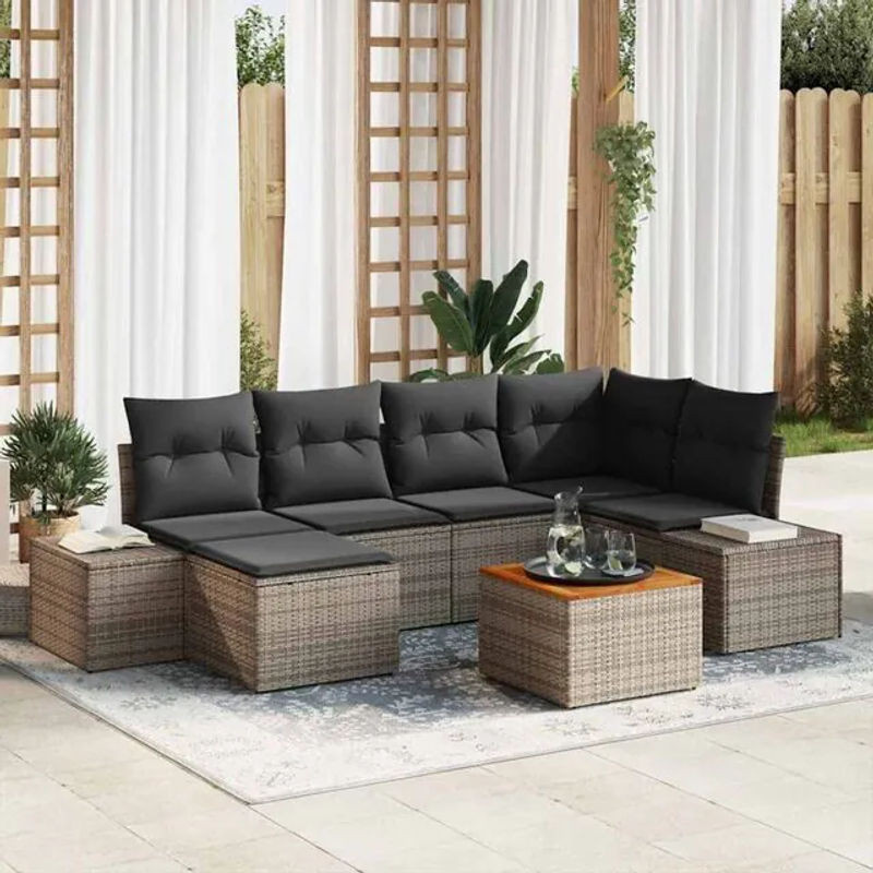 Vidaxl Garten-Sofa-Set aus 7 Teilen in Grau, modernes Polyrattan Loungemöbel-Set mit Akazie-Massivholz und Stahl - Bild 1