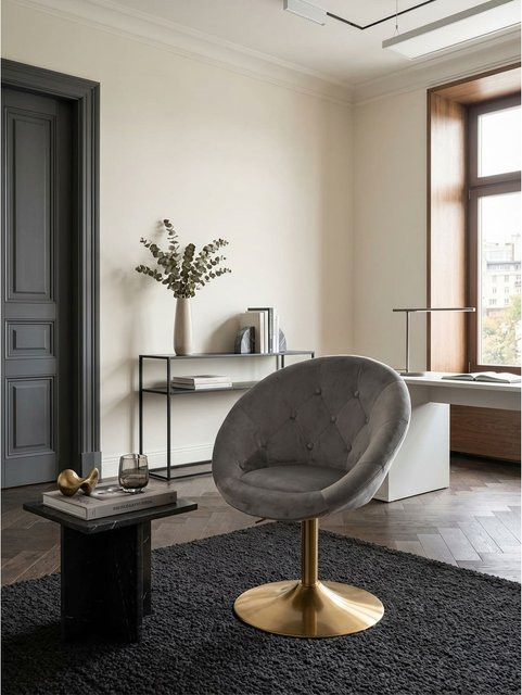 Drehbarer Loungesessel von KADIMA DESIGN aus Samt in Grau mit Gold-Details im modernen Chesterfield-Design, B/T/H: 67 x 62 x 100 cm - Bild 1