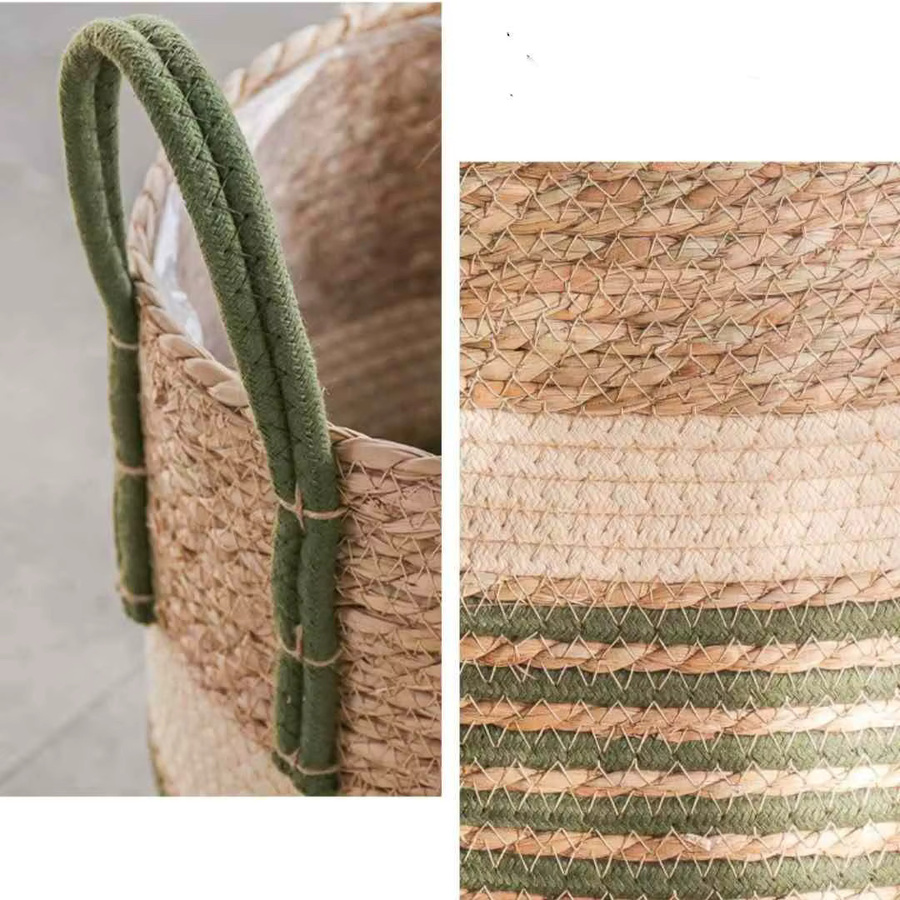 Runder Aufbewahrungskorb aus Rattan, Bambus und Seegras in Beige für Pflanzgefäße und Dekoration - Bild 2