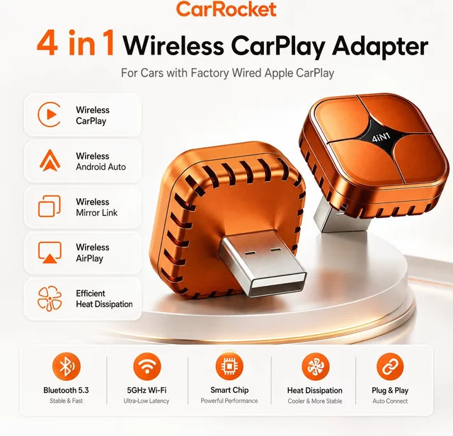 CarRocke 4-in-1 E-Carplay Adapter mit Android Auto, Mirror Link und WLAN als kabellose Smart Mini AI Box für die USB Plug-and-Play Auto-Verbindung in Orange - Bild 1
