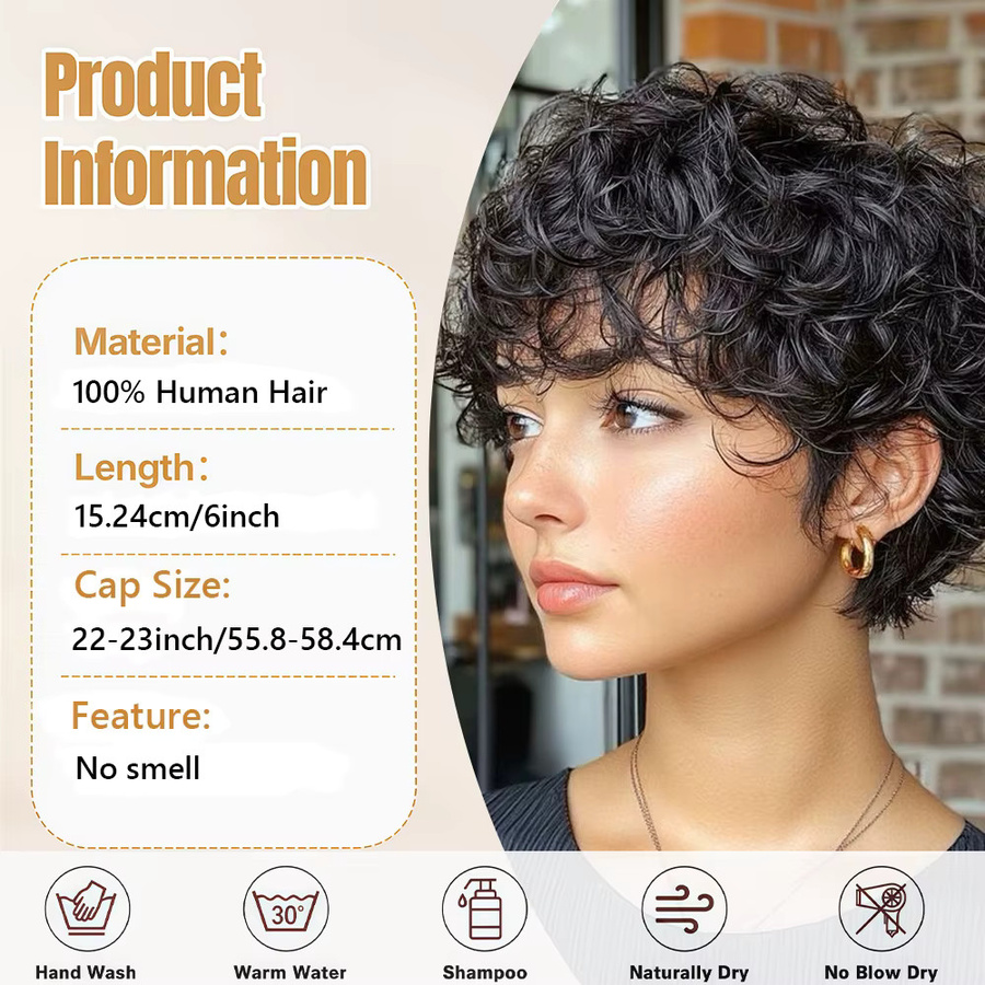 OYM HAIR Wasserwellen-Echthaarperücke mit Pony, Pixie-Schnitt, Damen - Bild 4