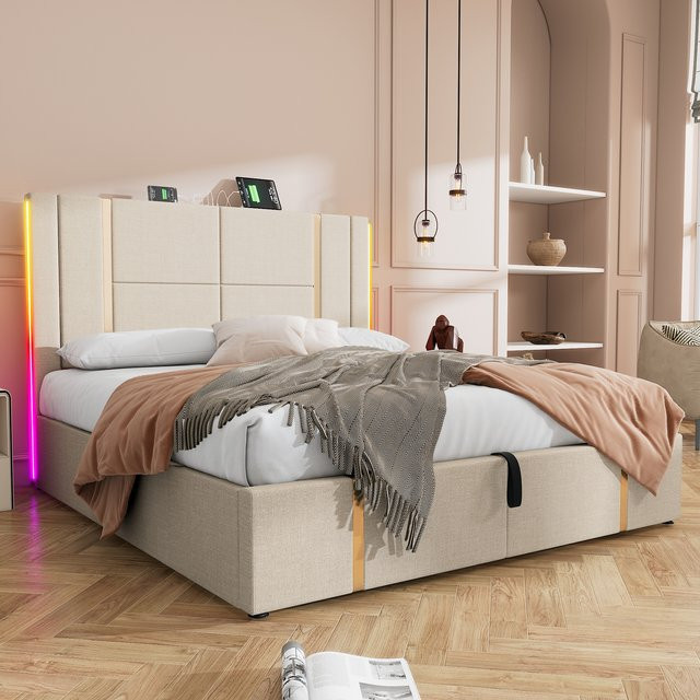 KOMHTOM Doppelbett mit Stauraum und LED-Beleuchtung, Beige, B/T: 180 x 200 cm, mit USB Type C Ladefunktion und App-Steuerung - Bild 1