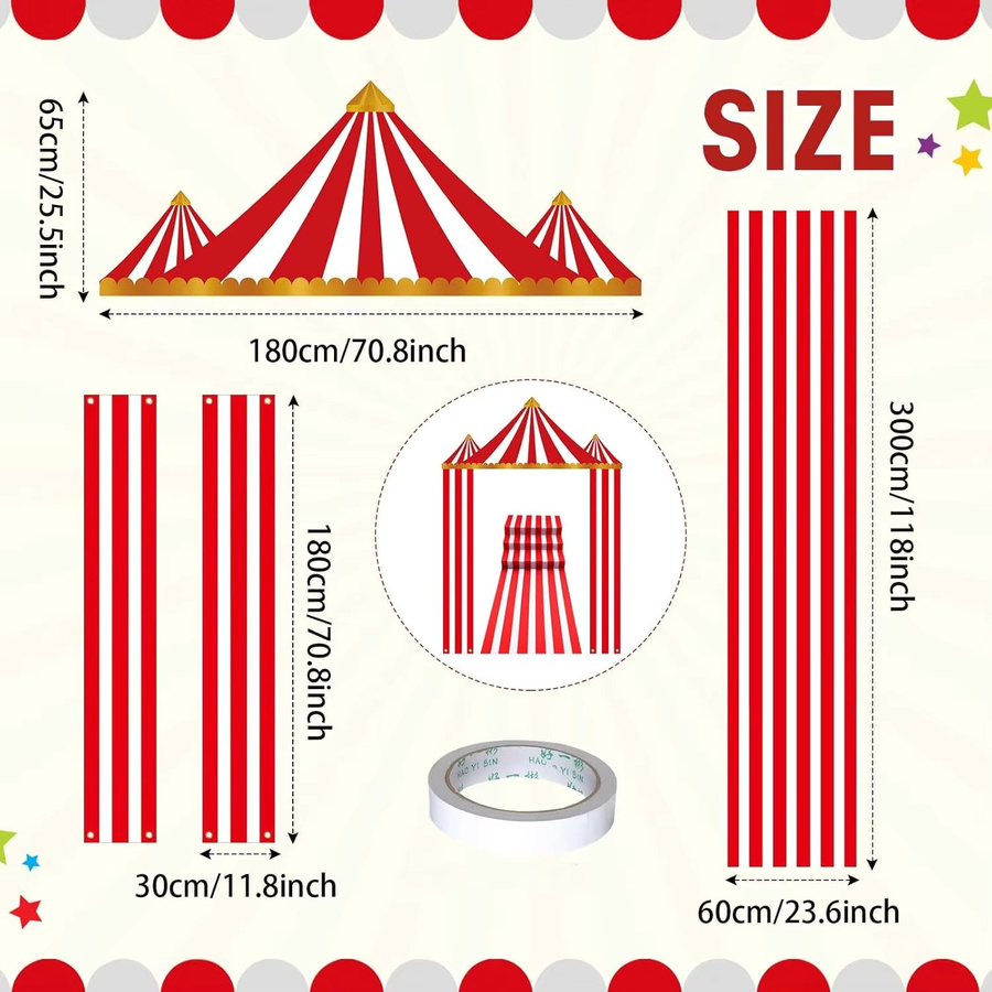 OURFETE Zirkuszelt-Türbanner Rot-Weiß Gestreift als Textil-Dekoration für Kindergeburtstage und Karneval - Bild 2