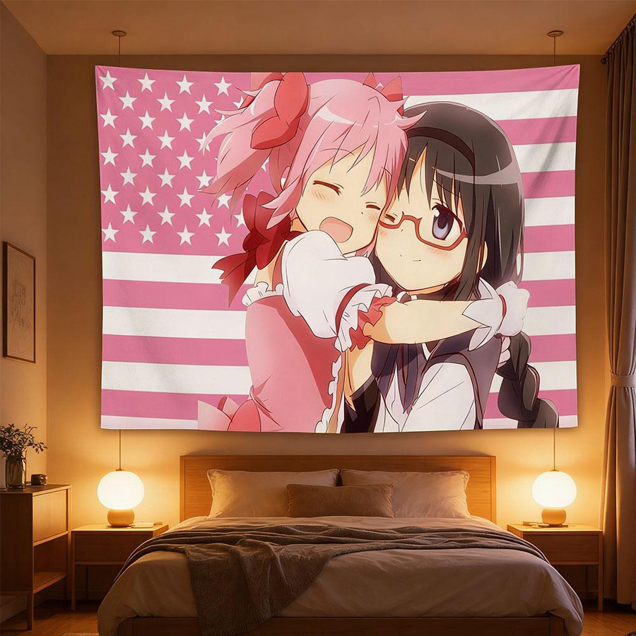 Madoka & Homura USA Flagge Wandteppich von JMG Household Supplies, bunter Polyester Wandbehang im Kawaii Otaku Design, Breite: 40 cm, Höhe: 60 cm - Bild 2