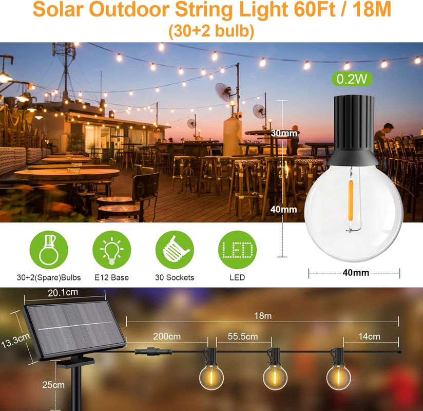 Solar-Lichterkette für Außenbereich und Terrasse mit 52 Glühbirnen, 17,7 m Länge, Warmweiß, Schwarz, mit Fernbedienung und USB-Anschluss, Wasserdicht - Bild 5