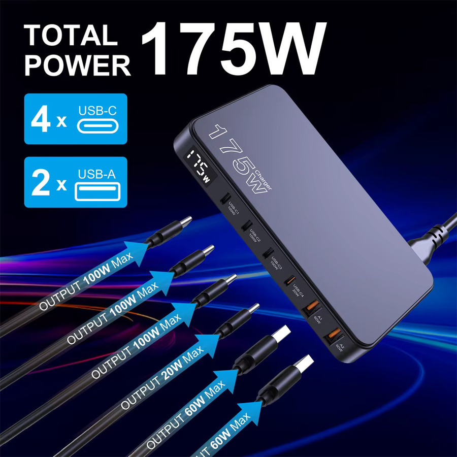 Ueetop 175 W GaN USB-C Desktop-Ladegerät mit LED-Anzeige, 6-Port Schnellladestation mit PD 100 W und PPS 45 W für MacBook, Samsung und iPhone, Schwarz - Bild 3