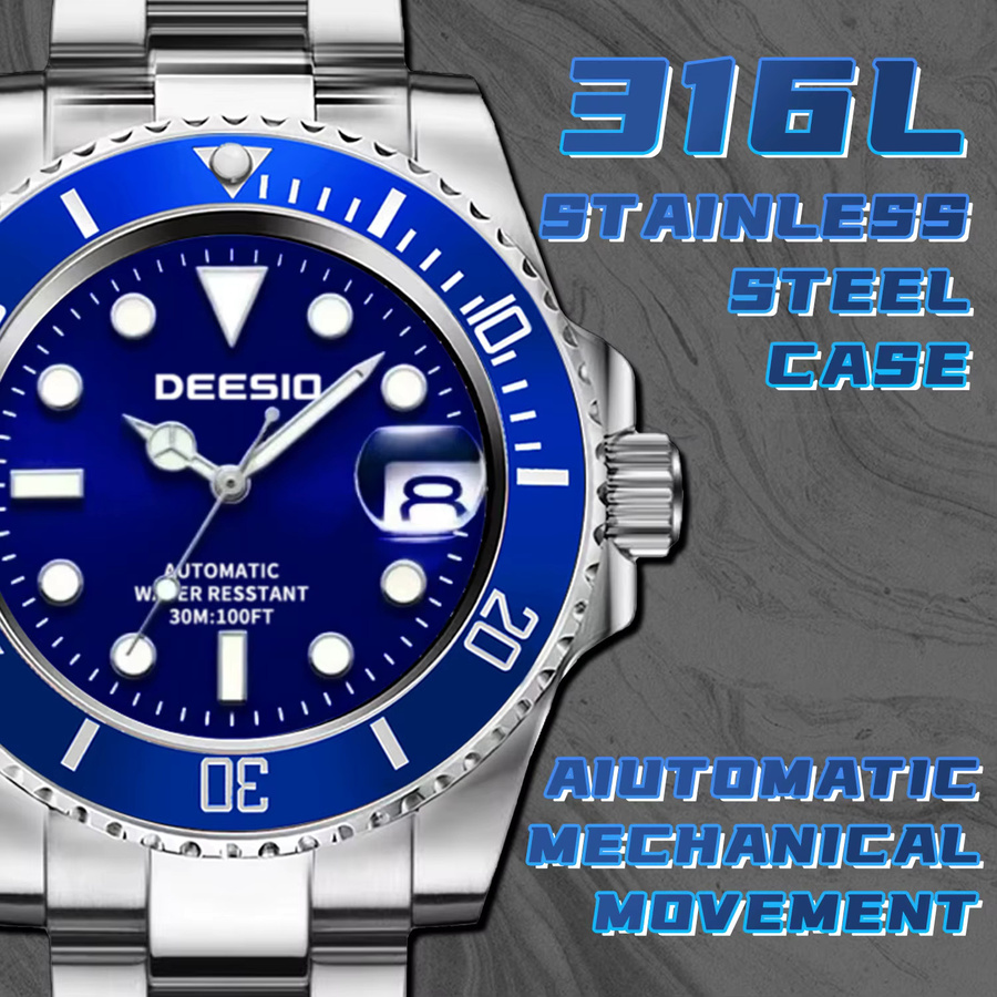 Deesio Armbanduhr, Automatik, Edelstahl, Herren, Blau, Datum - Bild 4