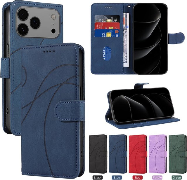 Magnetische Leder-Brieftasche Klapphülle mit Curve Line Design für iPhone 11 bis iPhone 17 Pro Max, stoßfest, Schwarz - Bild 1