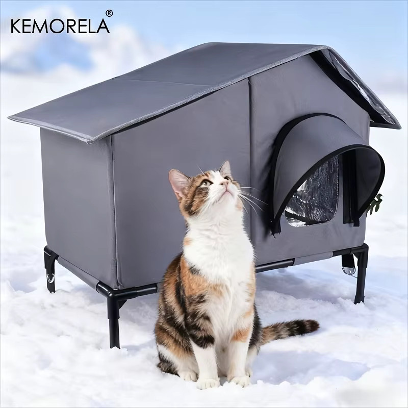 KEMORELA Winter-Katzenhaus für den Außenbereich mit Fluchttür, wetterfestes Katzenhaus in Grau für Garten und Außenbereich - Bild 2