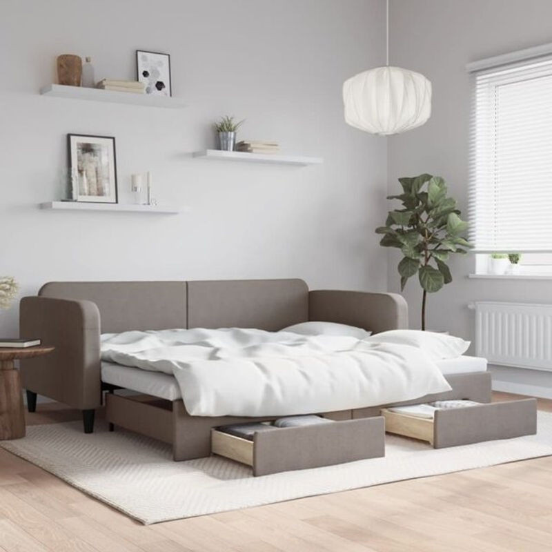Vidaxl Funktionsbett Tagesbett ausziehbar mit Schubladen in Taupe meliert mit Stoff und Metall B/T/H: 90 x 200 cm - Bild 1