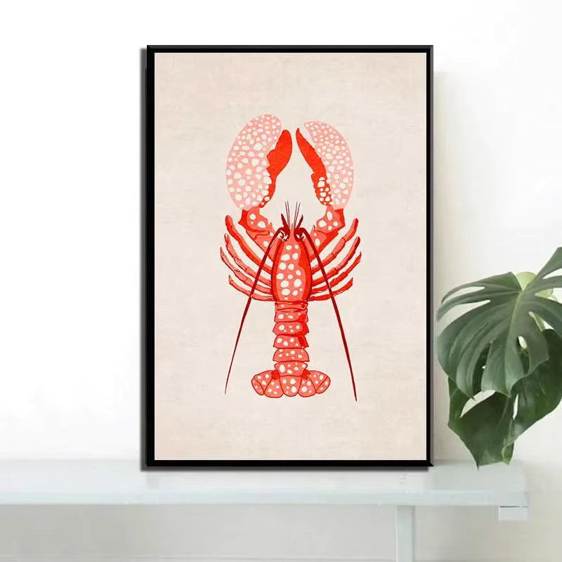 Potdemiel Leinwand Wandkunst im Vintage-Stil mit Meeresmotiven wie Hummer, Seepferdchen und Krabbe in Rot - Bild 2