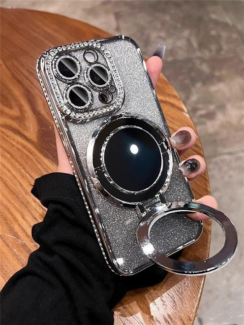 Diamantrahmen Handyhülle mit Flash-Spiegel und Ständer für Apple iPhone 11 bis 17, transparent/silber - Bild 1