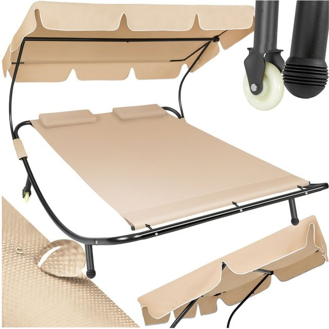 tectake Gartenliege für 2 Personen mit Sonnendach und Transportrollen in Schwarz und Beige, B/T/H: 215 x 183 x 150 cm - Bild 1