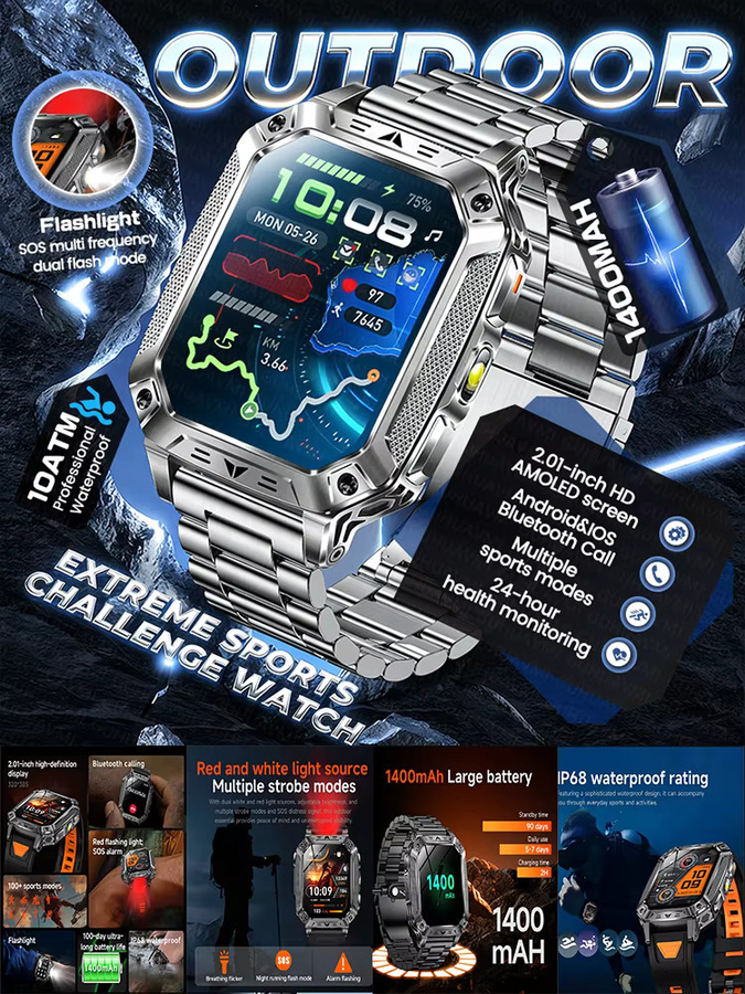GUHUAVMI Outdoor Extremsport Smartwatch für Herren mit AMOLED HD Display, GPS, SOS-Funktion, Bluetooth-Anruf und 10ATM Wasserdichtigkeit, Farbe: Schwarz - Bild 6