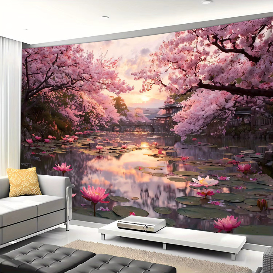 VIKAMA Wandteppich mit japanischem Kirschblüten-Design in floraler Landschaft für dein Zuhause - Bild 2