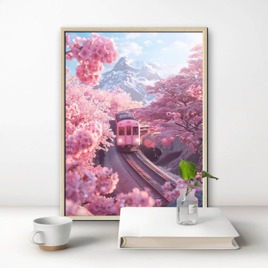 Potdemiel 5D-Diamantgemälde Sakura-Zug Mosaik-Landschaft in Multicolour, B/H: 40 x 30 cm - Bild 2