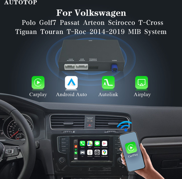 AUTOTOP Kabelloses CarPlay und Android Auto via Bluetooth für Volkswagen VW Golf 7 Polo Passat Arteon Scirocco T-Cross Tiguan Touran T-Roc MIB, Schwarz - Bild 1