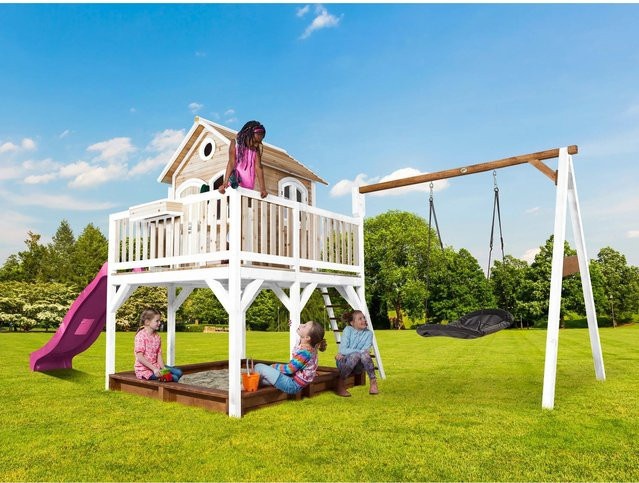 Axi Liam Spielturm aus Holz mit Roxy Nestschaukel und Rutsche in Braun, Weiß und Lila, B/H/T: 613 x 291 x 277 cm - Bild 1