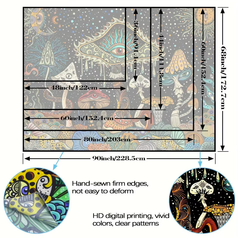 VIKAMA Psychedelic Realm Mushroom Wandteppich in Multicolour, Boho Wanddekoration mit floralem Design, Breite: 60 cm, Höhe: 40 cm - Bild 3