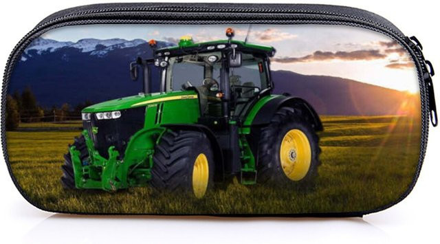 Mehrschichtiges Leder-Federmäppchen mit 2D Cartoon Traktor-Muster in Türkis und Multicolour - Bild 1