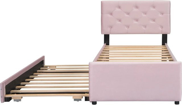 KOMHTOM Polsterbett mit Lattenrost und Rollcontainer in Rosa, minimalistisches Design aus Samt und MDF, B/T/H: 90 x 200 x 105 cm - Bild 1