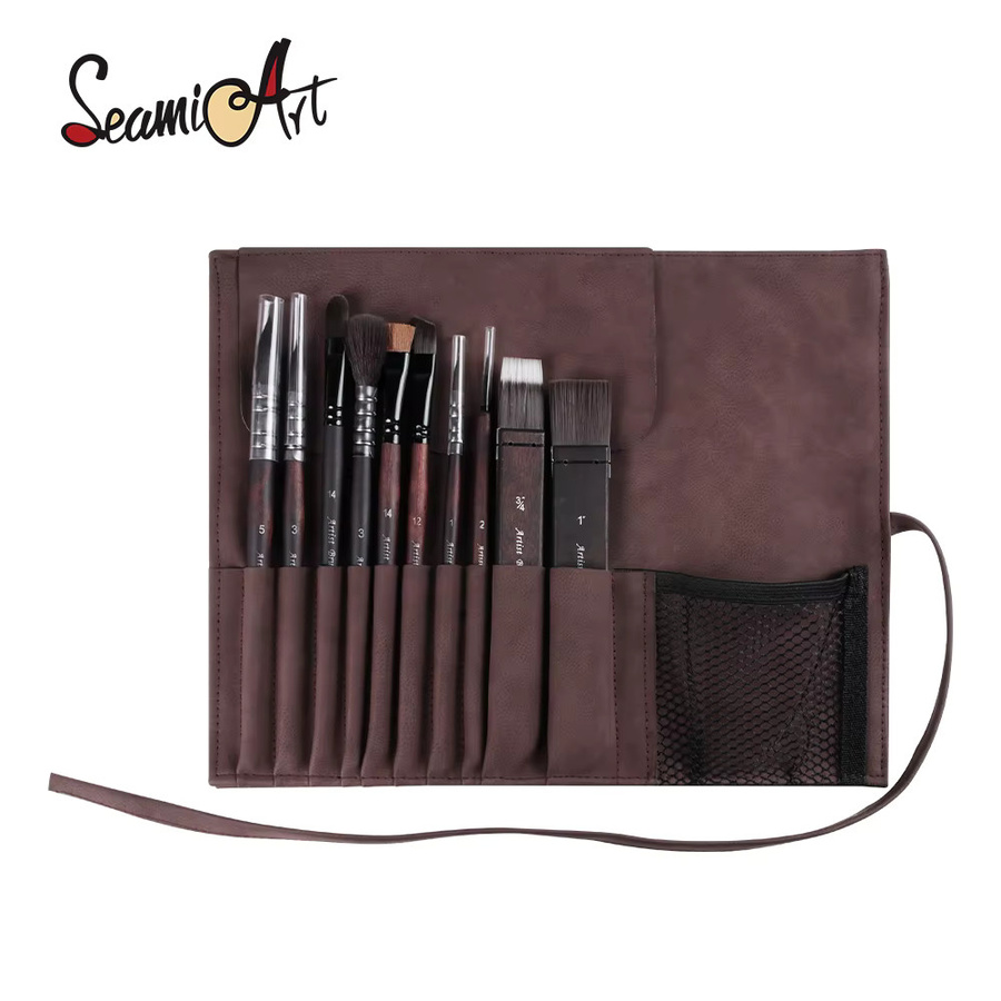 SeamiArt Künstler-Malpinsel Set aus 10 Stück mit Nylonhaar, Holzgriff und brauner Leder-Aufbewahrungstasche für Aquarellmalerei - Bild 2