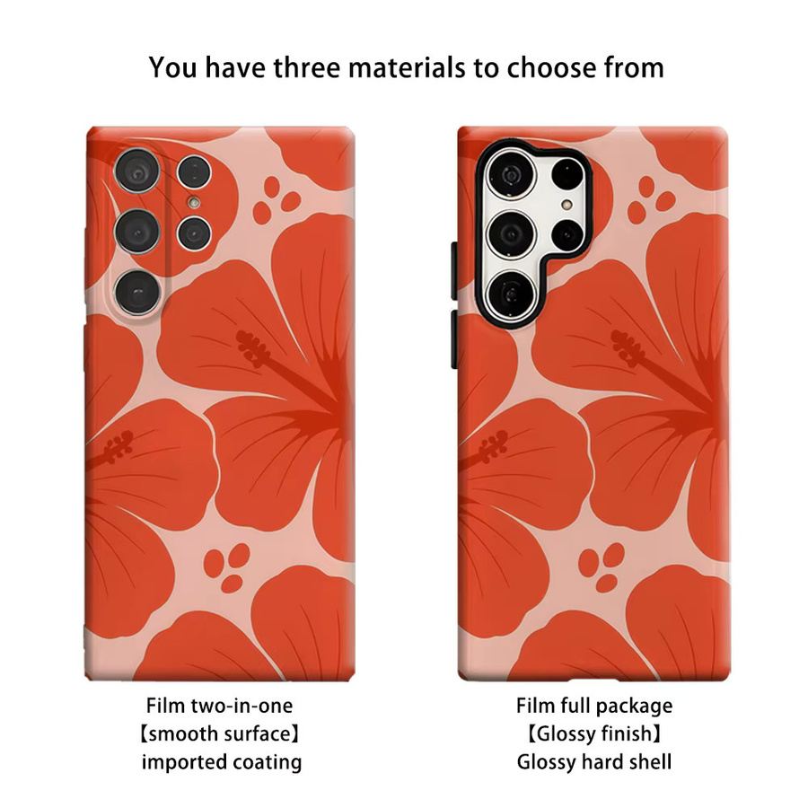 Stoßfeste Doppelschicht Handyhülle mit tropischem Hibiskus-Design für Samsung Galaxy S25 Ultra, S24 und S23 Ultra Plus in Orange-Rot - Bild 2