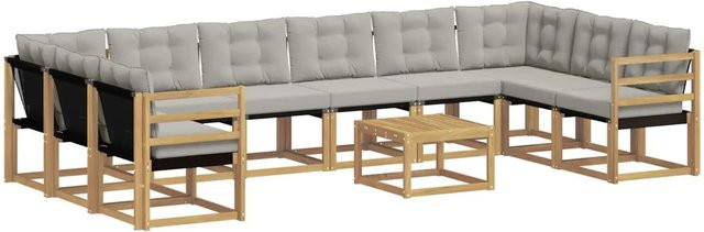 vidaXL Outdoor-Sofagarnitur in L-Form aus Akazienholz mit 11 Textilene-Kissen in Weiß und Hellgrau - Bild 1