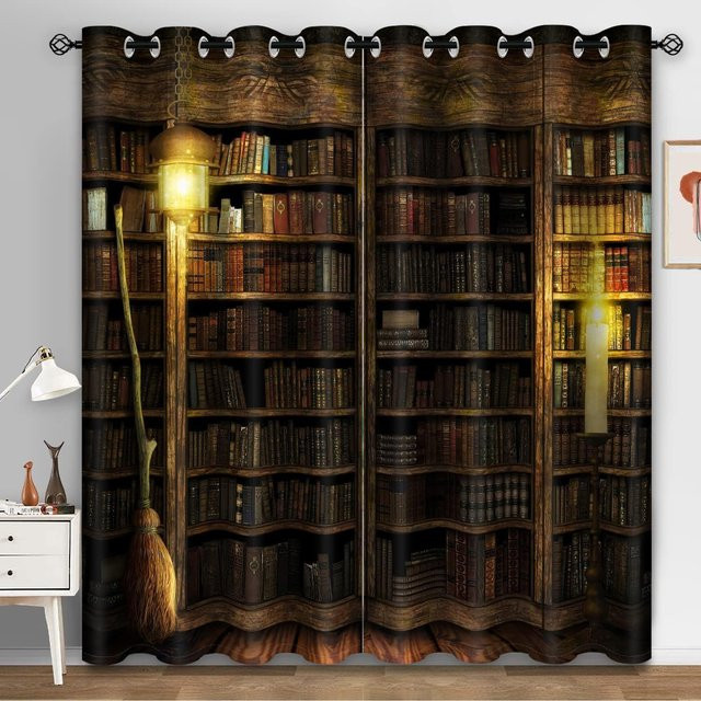 Vintage Bücherregal Vorhänge mit 3D Digitaldruck in Braun, 2er-Set, B: 100 cm, H: 220 cm - Bild 1