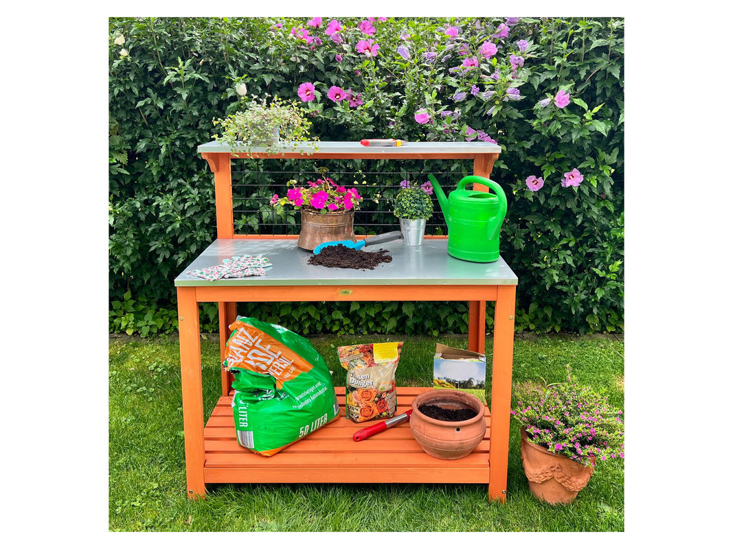 HABAU Gartentisch in Braun mit verzinkter Arbeitsfläche, Spalier und Ablageflächen aus Metall und Holz, B/T/H: 101 x 55 x 117 cm - Bild 2