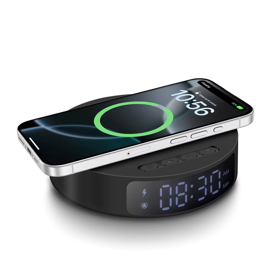 FDGAO 2-in-1 kabelloses Ladegerät und Wecker in Schwarz für iPhone und Samsung Galaxy sowie Galaxy Buds - Bild 1